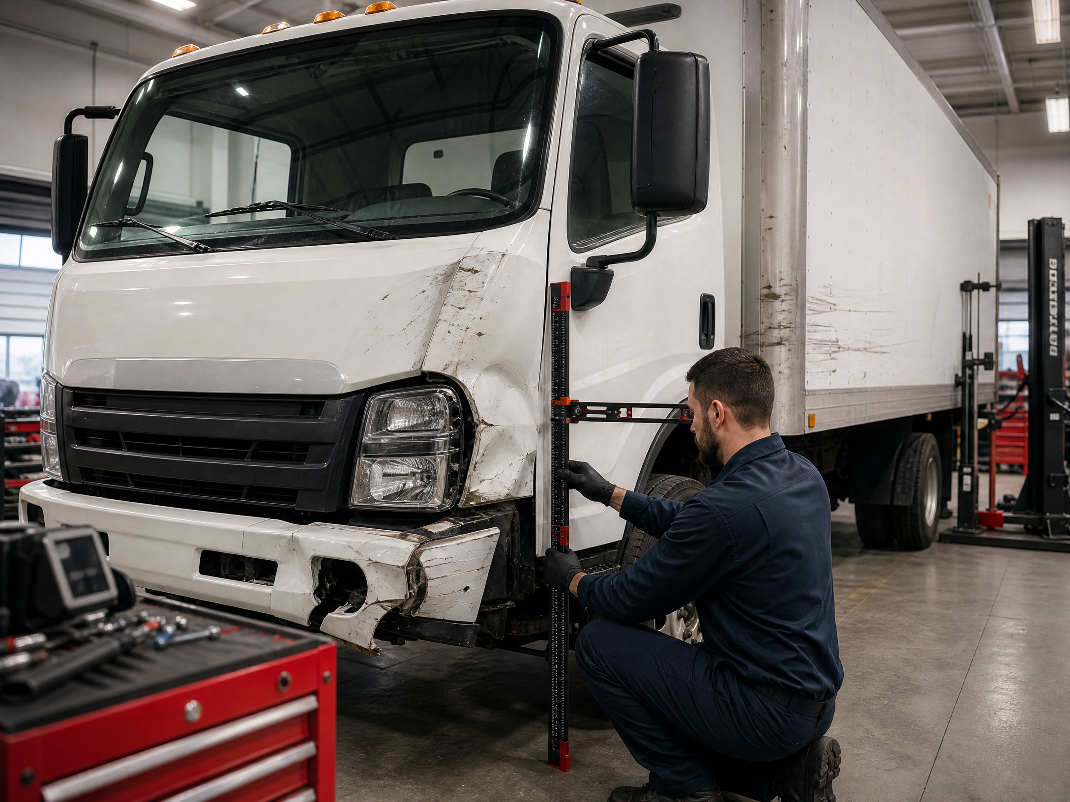 Technician measuring collision damage on a commercial box truck