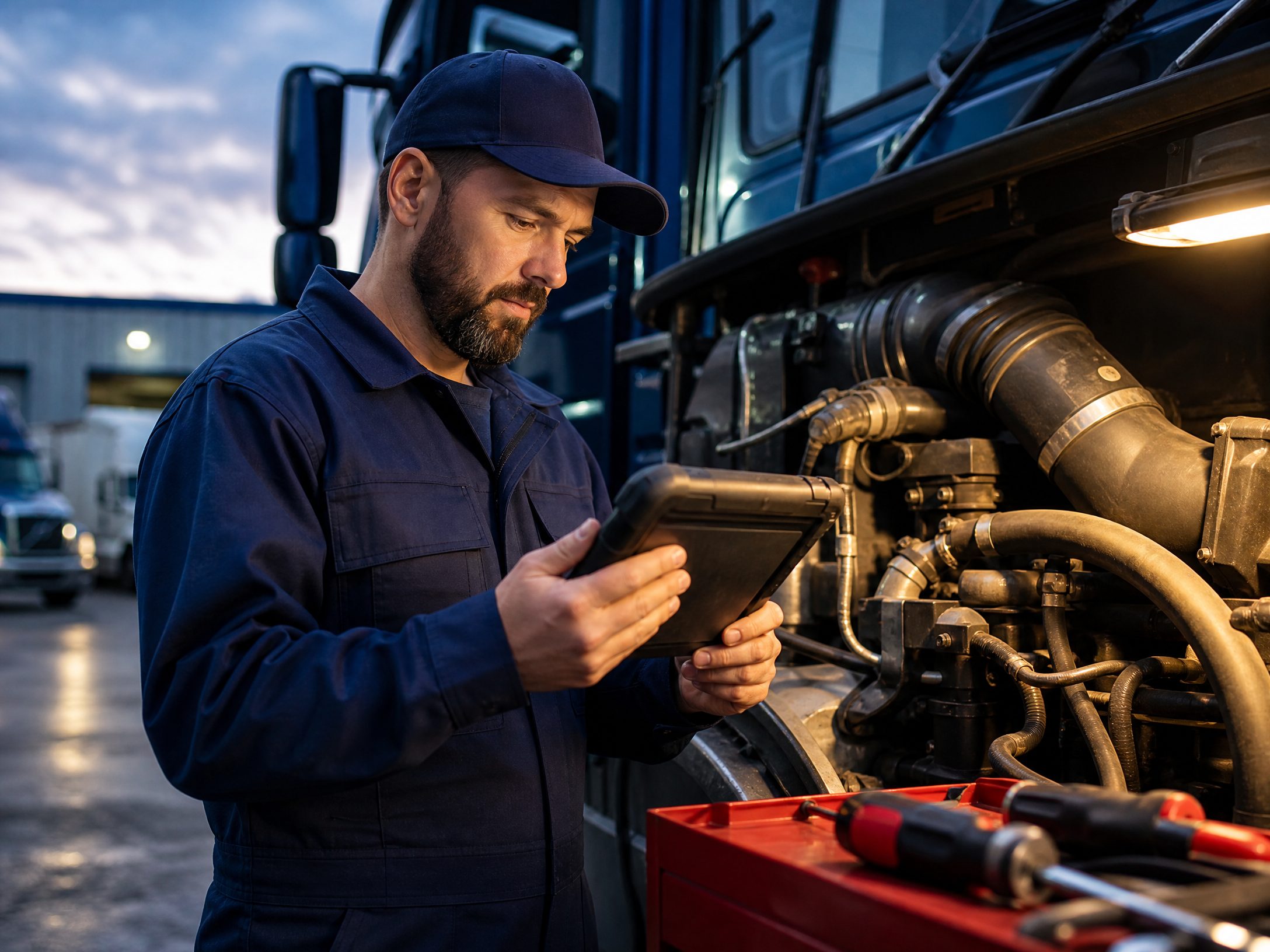 Mobile technician using a diagnostic tablet beside a heavy-duty truck engine