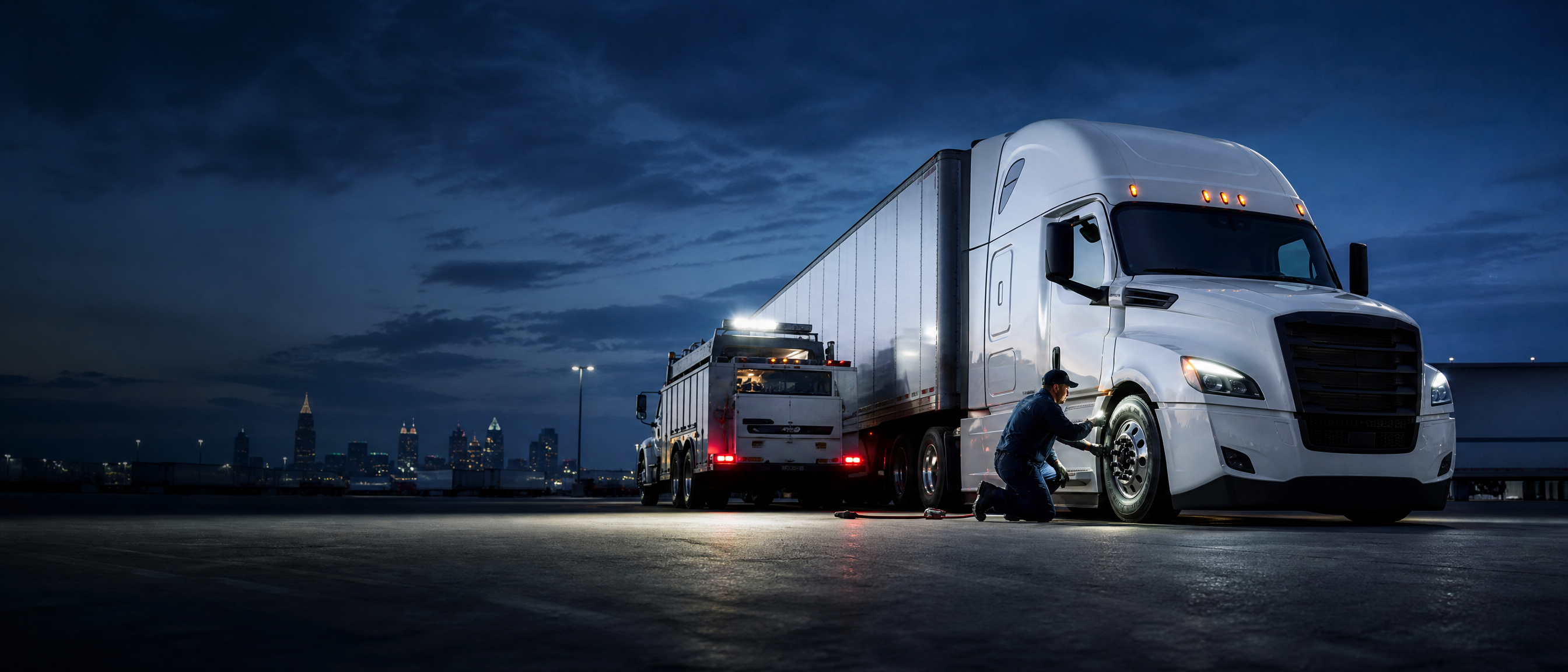 Mobile fleet technician servicing a semi truck in an Atlanta logistics yard